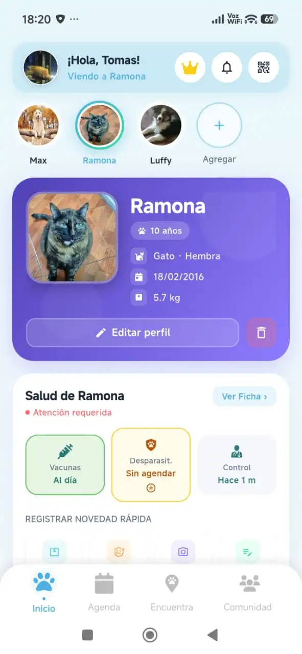 Pantalla principal de la app TouchPaaw