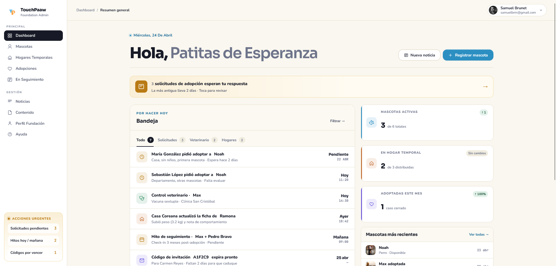 Panel TouchPaaw para fundaciones con el resumen del rescate