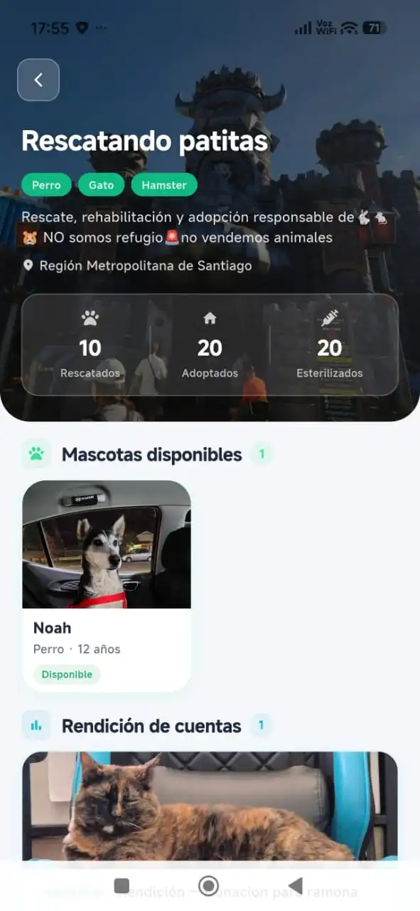 Perfil público de Rescatando Patitas en la app TouchPaaw, con mascotas disponibles e impacto