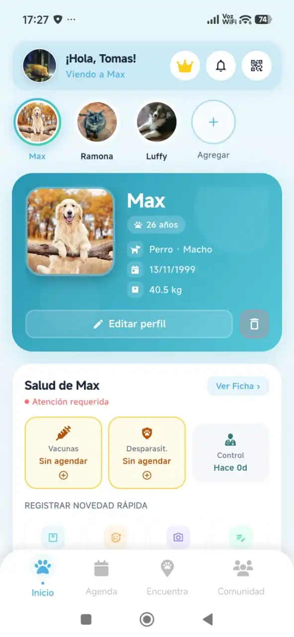 Pantalla principal de la app TouchPaaw